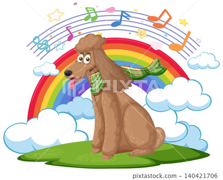 Cartoon Brown Poodle Wearing Scarf with Rainbow and Music Notes 140421706