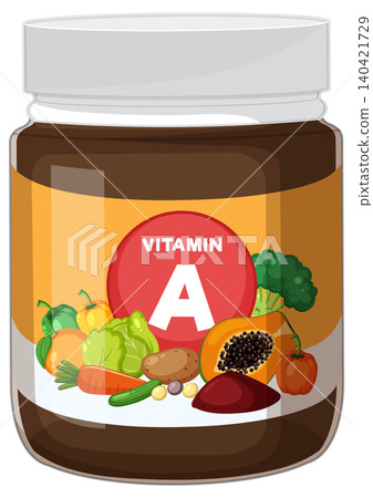 Vitamin A Supplement Jar with Fresh Vegetables Illustration Vitamin A Supplement Jar with Fresh Vegetables Illustration 140421729