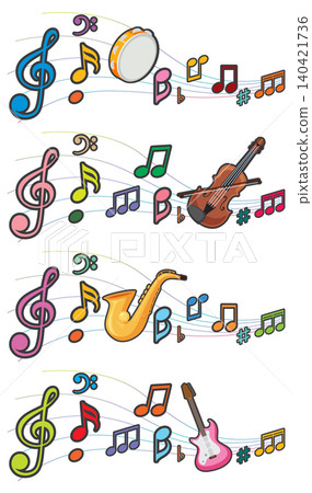 Colorful Musical Instruments with Flowing Notes Vector Set Colorful Musical Instruments with Flowing Notes Vector Set 140421736
