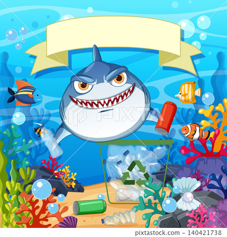 Cartoon Shark Cleaning Ocean Plastic Waste with Recycle Bin and Banner Cartoon Shark Cleaning Ocean Plastic Waste with Recycle Bin and Banner 140421738
