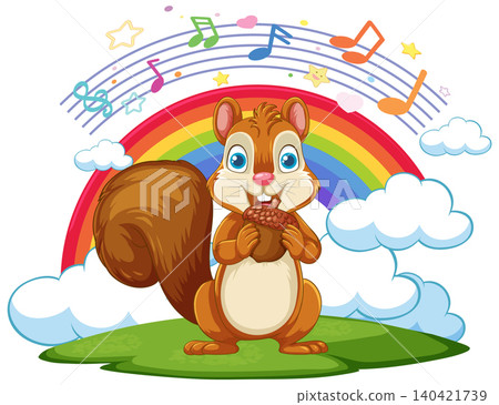 Cartoon Squirrel Holding Acorn with Rainbow and Music Notes Background Cartoon Squirrel Holding Acorn with Rainbow and Music Notes Background 140421739