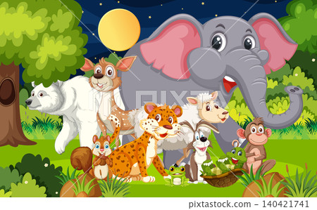 Cartoon Jungle Animals Grouped Under Night Sky in Forest 140421741