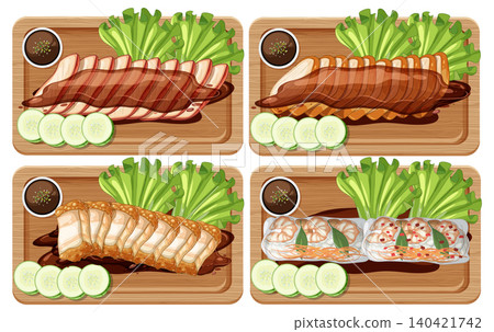 Assorted Sliced Meats and Dumplings on Wooden Serving Boards 140421742
