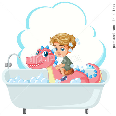 Cartoon Boy Riding Pink Dinosaur Toy in Bubble Bath Tub Cartoon Boy Riding Pink Dinosaur Toy in Bubble Bath Tub 140421745