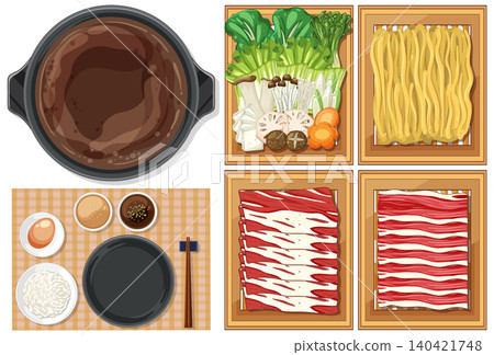 Traditional Asian Hot Pot Ingredients Illustration 140421748