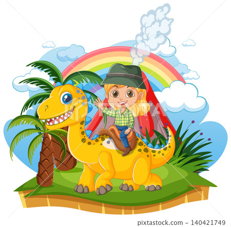 Cartoon Girl Riding Yellow Dinosaur in Prehistoric Landscape with Volcano Cartoon Girl Riding Yellow Dinosaur in Prehistoric Landscape with Volcano 140421749