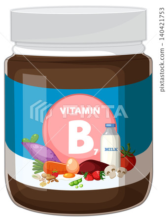 Vitamin B7 Supplement Jar with Healthy Food Sources Vitamin B7 Supplement Jar with Healthy Food Sources 140421753