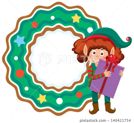 Cartoon Christmas Elf Holding Gift Next to Festive Wreath Frame Cartoon Christmas Elf Holding Gift Next to Festive Wreath Frame 140421754