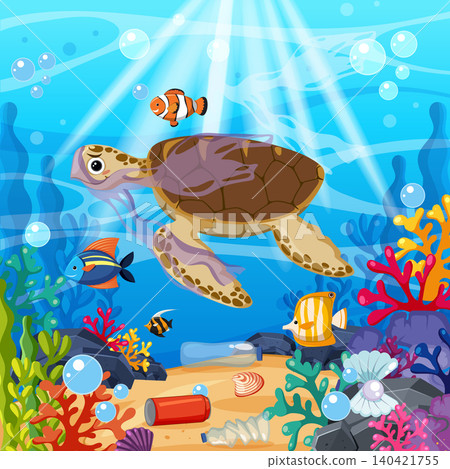 Sea Turtle Trapped in Plastic Waste Underwater with Tropical Fish Sea Turtle Trapped in Plastic Waste Underwater with Tropical Fish 140421755