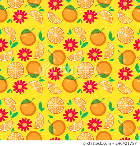 Seamless Vector Pattern with Oranges and Pink Flowers on Yellow Background 140421757