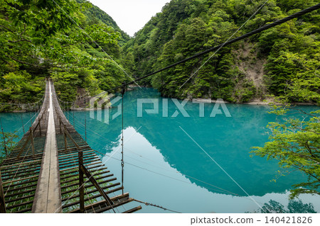 從靜岡縣川根本町須摩多峽的「夢幻吊橋」俯瞰碧綠的湖面。 140421826