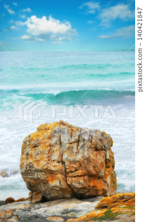 Water, beach and freedom for travel, vacation or summer holiday, seascape or adventure in nature. Ocean, rock or boulder in New Zealand for tropical paradise, peace or relax with stress relief at sea Water, beach and freedom for travel, vacation or summer holiday, seascape or adventure in nature. Ocean, rock or boulder in New Zealand for tropical paradise, peace or relax with stress relief at sea 140421847