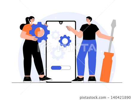 Mobile Repair Shop Illustration Featuring Smartphone Repair Service, Screen Replacement, Device Maintenance, Technical Support, and Gadget Fix 140421890