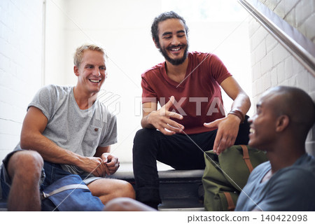 Group, stairs and students with discussion, brainstorming and relaxing with education and people. Men, scholarship or friends with diversity and knowledge with planning or college with lunch break 140422098
