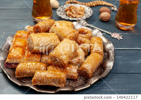 Plate of baklava dessert close up served on table Plate of baklava dessert close up served on table 140422117