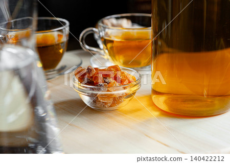 Hot refreshing citrus tea in glass close up Hot refreshing citrus tea in glass close up 140422212
