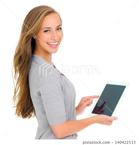 Female person, smile and portrait for tablet, mockup and studio for marketing and screen placement for brand. Woman, white background and happy for advertising, technology and social space for scroll Female person, smile and portrait for tablet, mockup and studio for marketing and screen placement for brand. Woman, white background and happy for advertising, technology and social space for scroll 140422513