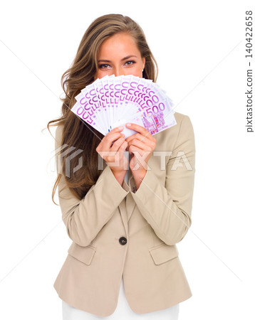 Cash, fan and woman hide face with money on studio, white background and lottery mockup. Professional, person and euros in hand from giveaway, profit or savings from financial success or investment 140422658
