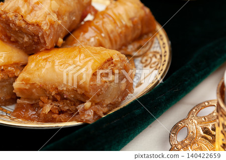 Close up photo of Delicious Turkish Baklava served on a plate 140422659