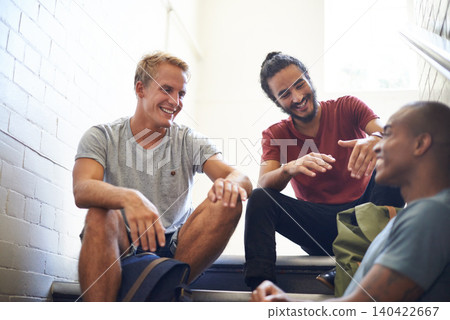 University, stairs and students with laughing, backpack and smile together as friends, classmates and conversation. Campus, school and men in course for education with scholarship, relax and people University, stairs and students with laughing, backpack and smile together as friends, classmates and conversation. Campus, school and men in course for education with scholarship, relax and people 140422667