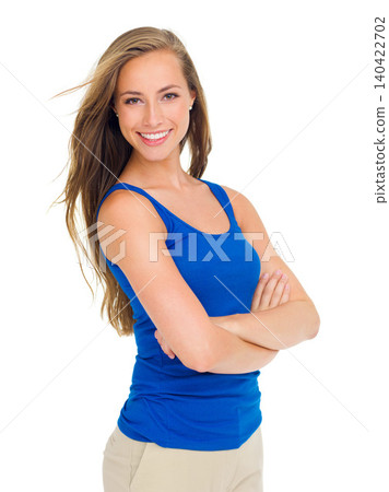 Portrait, smile and trendy with woman arms crossed in studio isolated on white background. Fashion, happy and confidence with young person in vest or tank top to model casual clothing outfit Portrait, smile and trendy with woman arms crossed in studio isolated on white background. Fashion, happy and confidence with young person in vest or tank top to model casual clothing outfit 140422702