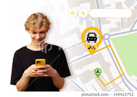Young man using a phone to find taxi location on map in urban area Young man using a phone to find taxi location on map in urban area 140422752