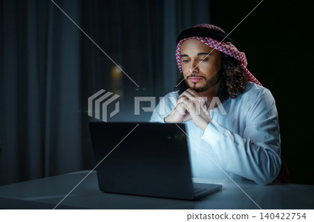 Man in white clothes uses laptop at night in a lit room with curtains Man in white clothes uses laptop at night in a lit room with curtains 140422754