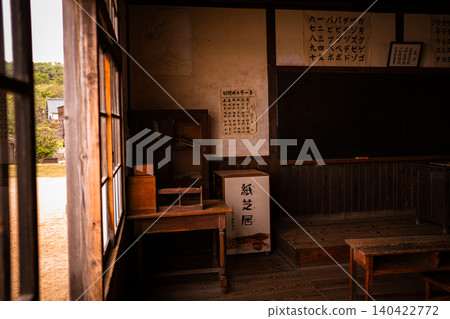 A nostalgic view of the schoolyard from the window of an old wooden school building. A nostalgic view of the schoolyard from the window of an old wooden school building. 140422772