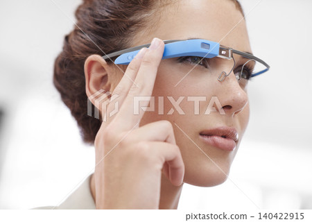 Augmented reality, connection and businesswoman with smart glasses for internet network in office. Future technology, workplace and girl with designer VR eyewear, vision and online communication. Augmented reality, connection and businesswoman with smart glasses for internet network in office. Future technology, workplace and girl with designer VR eyewear, vision and online communication. 140422915