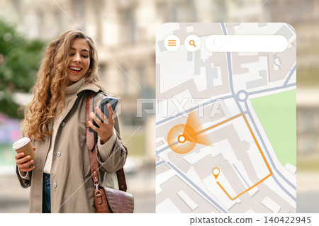 Finding taxi locations on a map while enjoying a coffee on a busy street 140422945