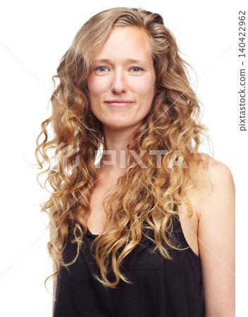 Mature woman, portrait and confident in studio, casual aesthetic and confidence on white background. Happy female person, curly hair and fashion for satisfaction, cool and lady for trendy clothes 140422962