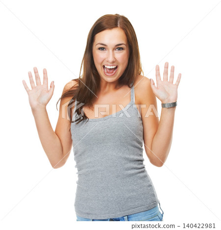 Smile, portrait and woman in studio with excited surprise for news, announcement or competition winner. Person, celebration and face with happiness for bonus, discount or giveaway on white background Smile, portrait and woman in studio with excited surprise for news, announcement or competition winner. Person, celebration and face with happiness for bonus, discount or giveaway on white background 140422981