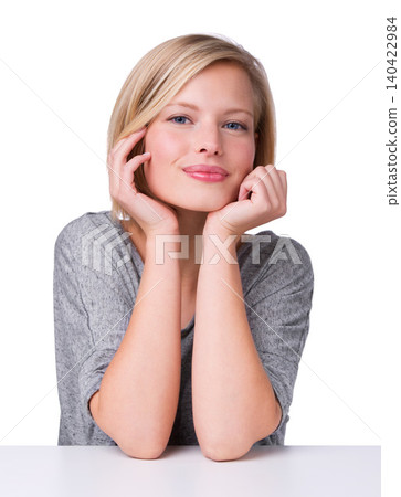 Woman, smile and studio with daydreaming, portrait or face for planning. Model, nostalgia or ideas with contemplating, wondering or playful or thoughtful pose and sitting isolated on white background Woman, smile and studio with daydreaming, portrait or face for planning. Model, nostalgia or ideas with contemplating, wondering or playful or thoughtful pose and sitting isolated on white background 140422984