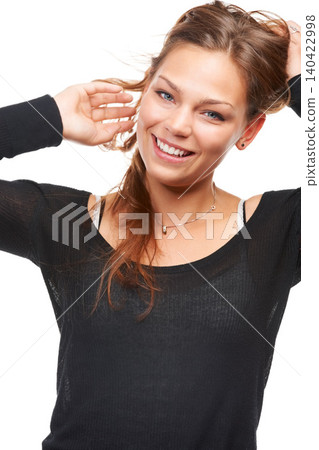 Portrait, confidence and beauty of happy woman in studio isolated on a white background. Face, model and young person with a smile, hair and casual clothes for trendy fashion on a backdrop in Ireland Portrait, confidence and beauty of happy woman in studio isolated on a white background. Face, model and young person with a smile, hair and casual clothes for trendy fashion on a backdrop in Ireland 140422998