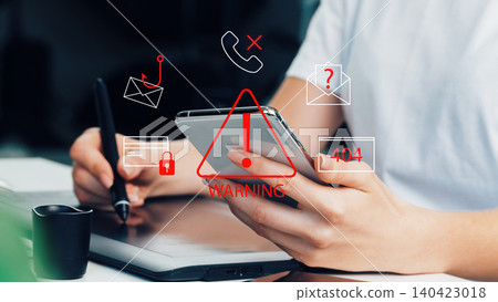Scam call SMS message on phone shows warning signs and alerts about fraud attempts Scam call SMS message on phone shows warning signs and alerts about fraud attempts 140423018