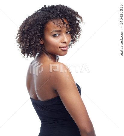 Portrait, black woman with skin and beauty for hair, texture and natural curls with cosmetics on white background. Cosmetology, makeup and haircare for growth, relax with confidence and smile Portrait, black woman with skin and beauty for hair, texture and natural curls with cosmetics on white background. Cosmetology, makeup and haircare for growth, relax with confidence and smile 140423019