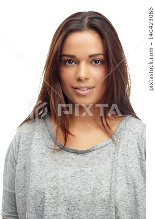Woman, smile and white background portrait for beauty, cosmetic aesthetic and make up for glowing skin. Self care and wellness for healthy face and comfort, confident and isolated model in skincare 140423066