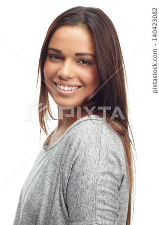 Fashion, portrait and woman in studio with smile for trendy, style and beauty on white background. Female person, face and expression with happiness for confidence, cosmetics and glow with makeup Fashion, portrait and woman in studio with smile for trendy, style and beauty on white background. Female person, face and expression with happiness for confidence, cosmetics and glow with makeup 140423082
