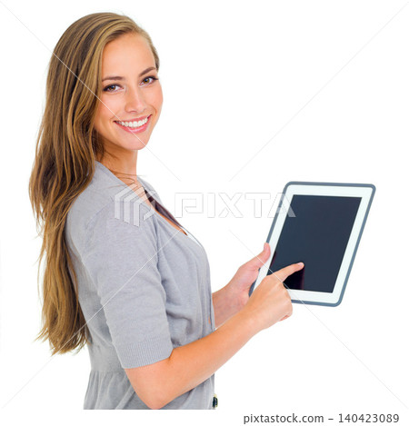 Tablet, screen, and woman face with hand pointing to mockup in studio for promo info on white background. Digital, space and portrait of female model show how to google it, offer or Netflix sign up Tablet, screen, and woman face with hand pointing to mockup in studio for promo info on white background. Digital, space and portrait of female model show how to google it, offer or Netflix sign up 140423089