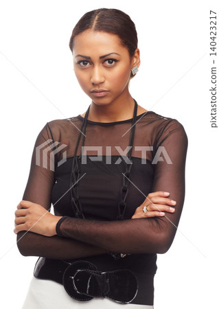 Portrait, fashion and serious with woman arms crossed in studio isolated on white background for style. Model, clothes and attitude with edgy young gen z person in trendy clothing outfit and necklace Portrait, fashion and serious with woman arms crossed in studio isolated on white background for style. Model, clothes and attitude with edgy young gen z person in trendy clothing outfit and necklace 140423217