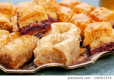 Plate of baklava dessert close up served on table 140423254