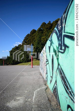 Basketball hoop and graffiti art at Tokigane Lake Basketball hoop and graffiti art at Tokigane Lake 140423282