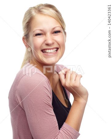 Woman, portrait and laughing for fun in studio, funny joke and happiness on white background. Female person, comedy and smile for satisfaction or humor, comic and positive attitude for enjoyment Woman, portrait and laughing for fun in studio, funny joke and happiness on white background. Female person, comedy and smile for satisfaction or humor, comic and positive attitude for enjoyment 140423361
