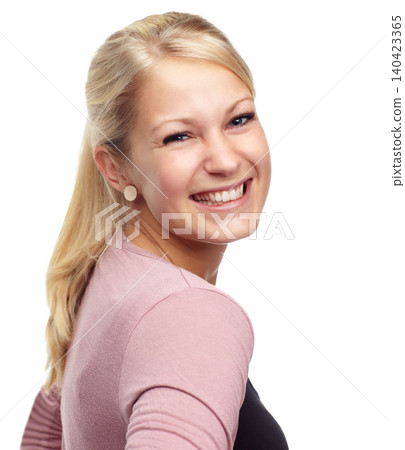 Portrait, fashion and woman with happiness in studio on white background with casual clothes, outfit and trendy. Female person, smile and excited with style for confidence, elegant and stylish. Portrait, fashion and woman with happiness in studio on white background with casual clothes, outfit and trendy. Female person, smile and excited with style for confidence, elegant and stylish. 140423365