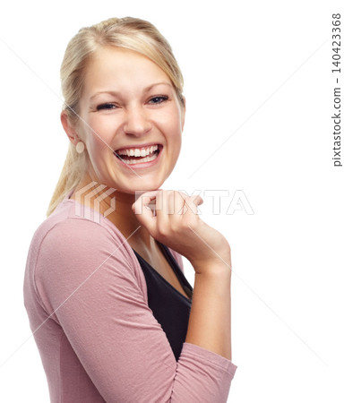 Woman, portrait and laughing for comic in studio, funny joke and satisfaction on white background. Happy female person, comedy and smile on mockup space, positive attitude and enjoyment on face Woman, portrait and laughing for comic in studio, funny joke and satisfaction on white background. Happy female person, comedy and smile on mockup space, positive attitude and enjoyment on face 140423368