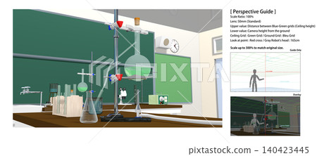 Animation background: [School science lab (with experimental equipment on desks)] with perspective guides for convenient character compositing. 140423445