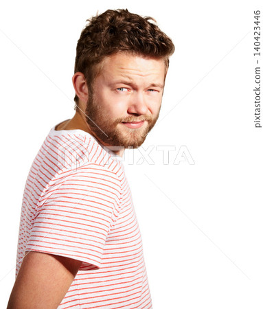 Fashion, portrait and man with casual, cool and stylish clothes isolated in studio by white background. Face, confidence and male model person in trendy, smirk and modern outfit in mockup space. Fashion, portrait and man with casual, cool and stylish clothes isolated in studio by white background. Face, confidence and male model person in trendy, smirk and modern outfit in mockup space. 140423446