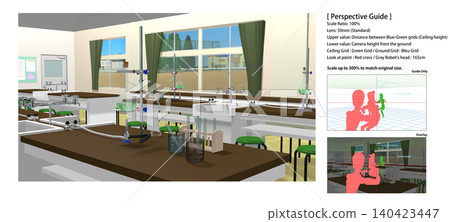 Animation background: [School science lab (with experimental equipment on desks)] with perspective guides for convenient character compositing. 140423447