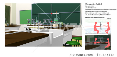 Animation background: [School science lab (with experimental equipment on desks)] with perspective guides for convenient character compositing. 140423448