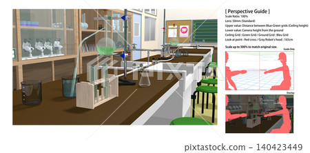 Animation background: [School science lab (with experimental equipment on desks)] with perspective guides for convenient character compositing. 140423449